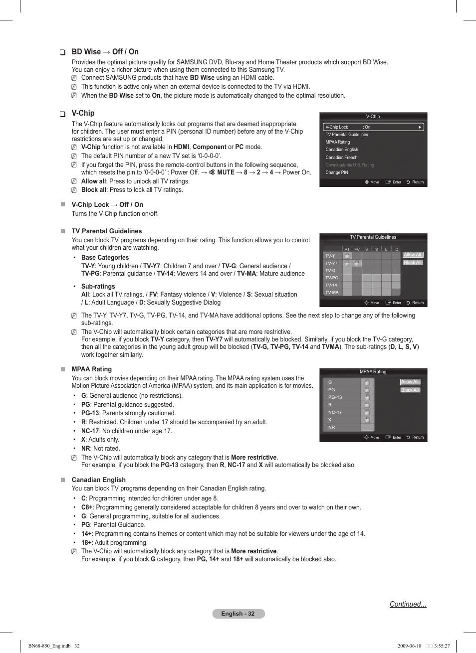 Bdwise→off/on, V-chip | Samsung PN50B860Y2FXZA User Manual | Page 32 / 284