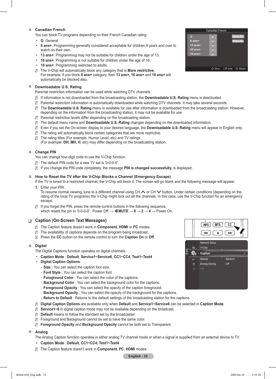 Caption (on-screen text messages) | Samsung PN50B860Y2FXZA User Manual | Page 33 / 284