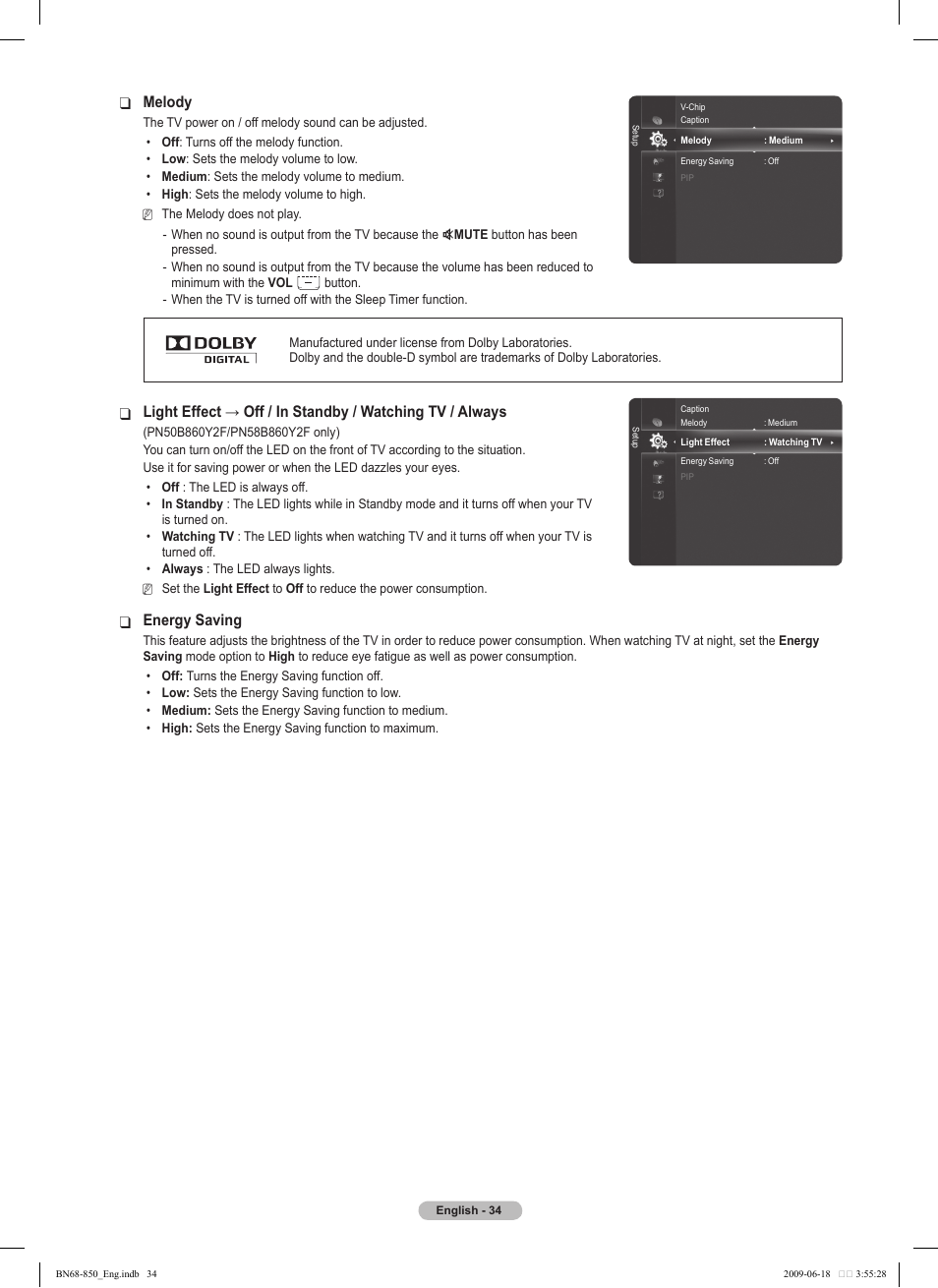 Melody, Energy saving | Samsung PN50B860Y2FXZA User Manual | Page 34 / 284