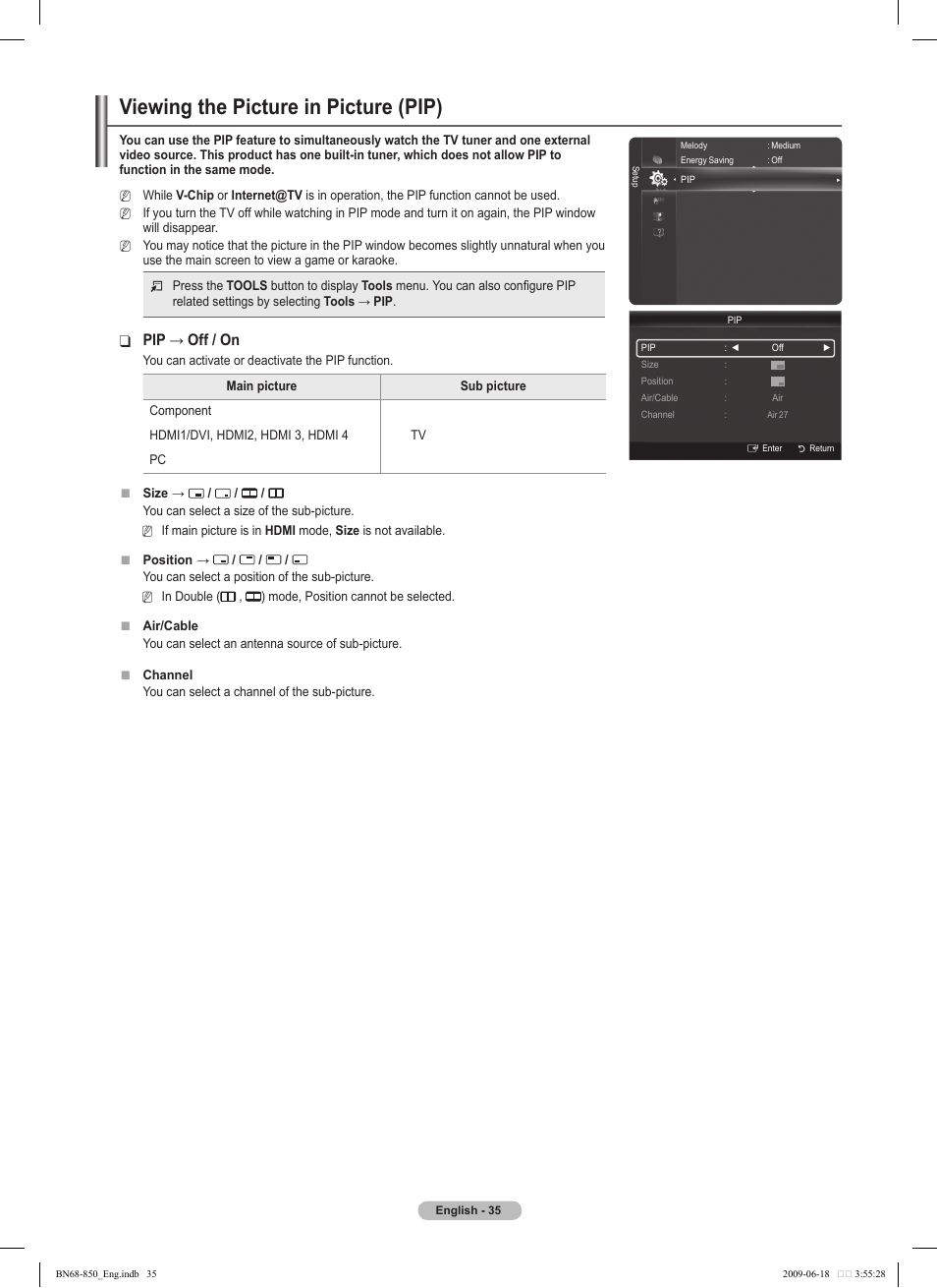 Viewing the picture in picture (pip), Pip→off/on | Samsung PN50B860Y2FXZA User Manual | Page 35 / 284