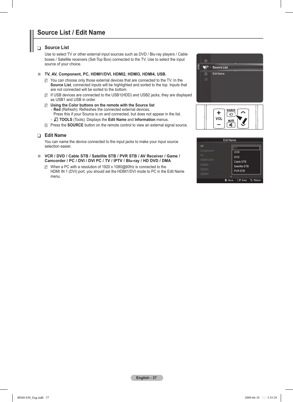 Source list / edit name, Source list, Edit name | Samsung PN50B860Y2FXZA User Manual | Page 37 / 284