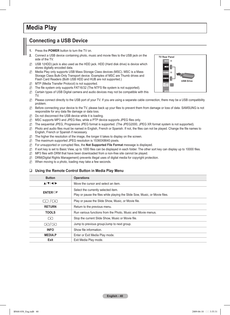 Media play, Connecting a usb device, Using the remote control button in media play menu | Samsung PN50B860Y2FXZA User Manual | Page 40 / 284
