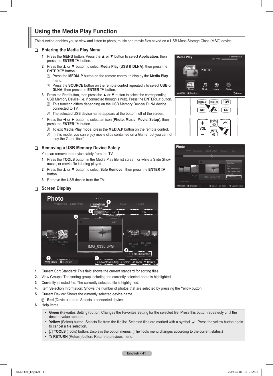 Using the media play function, Photo, Entering the media play menu | Screen display | Samsung PN50B860Y2FXZA User Manual | Page 41 / 284