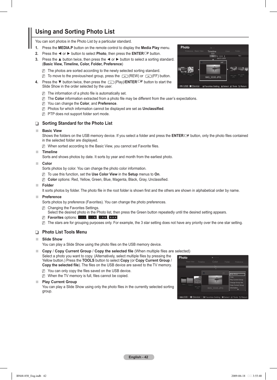 Using and sorting photo list, Sorting standard for the photo list, Photo list tools menu | Samsung PN50B860Y2FXZA User Manual | Page 42 / 284