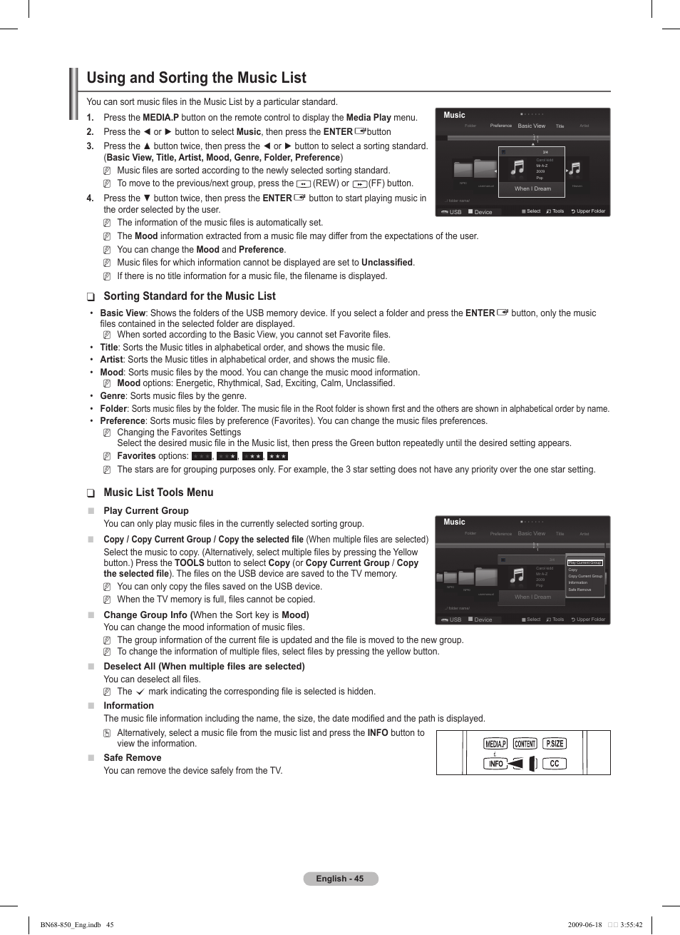 Using and sorting the music list, Sorting standard for the music list, Music list tools menu | Samsung PN50B860Y2FXZA User Manual | Page 45 / 284