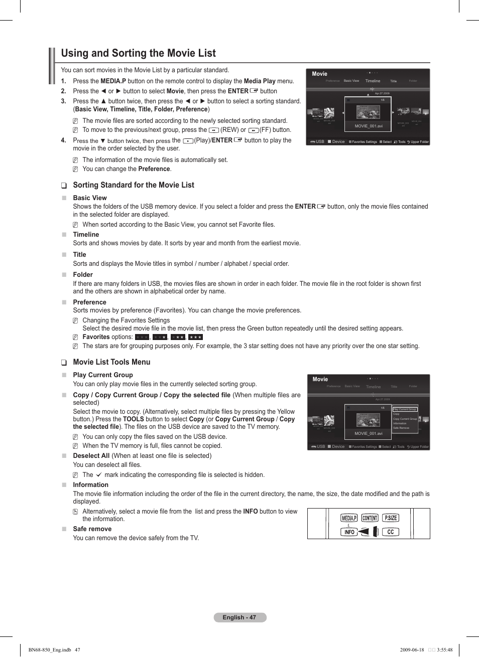 Using and sorting the movie list, Sorting standard for the movie list, Movie list tools menu | Samsung PN50B860Y2FXZA User Manual | Page 47 / 284