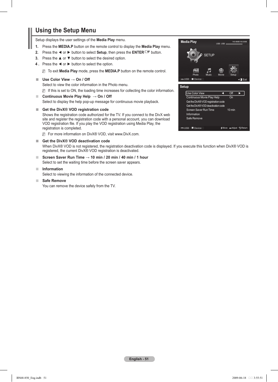 Using the setup menu | Samsung PN50B860Y2FXZA User Manual | Page 51 / 284