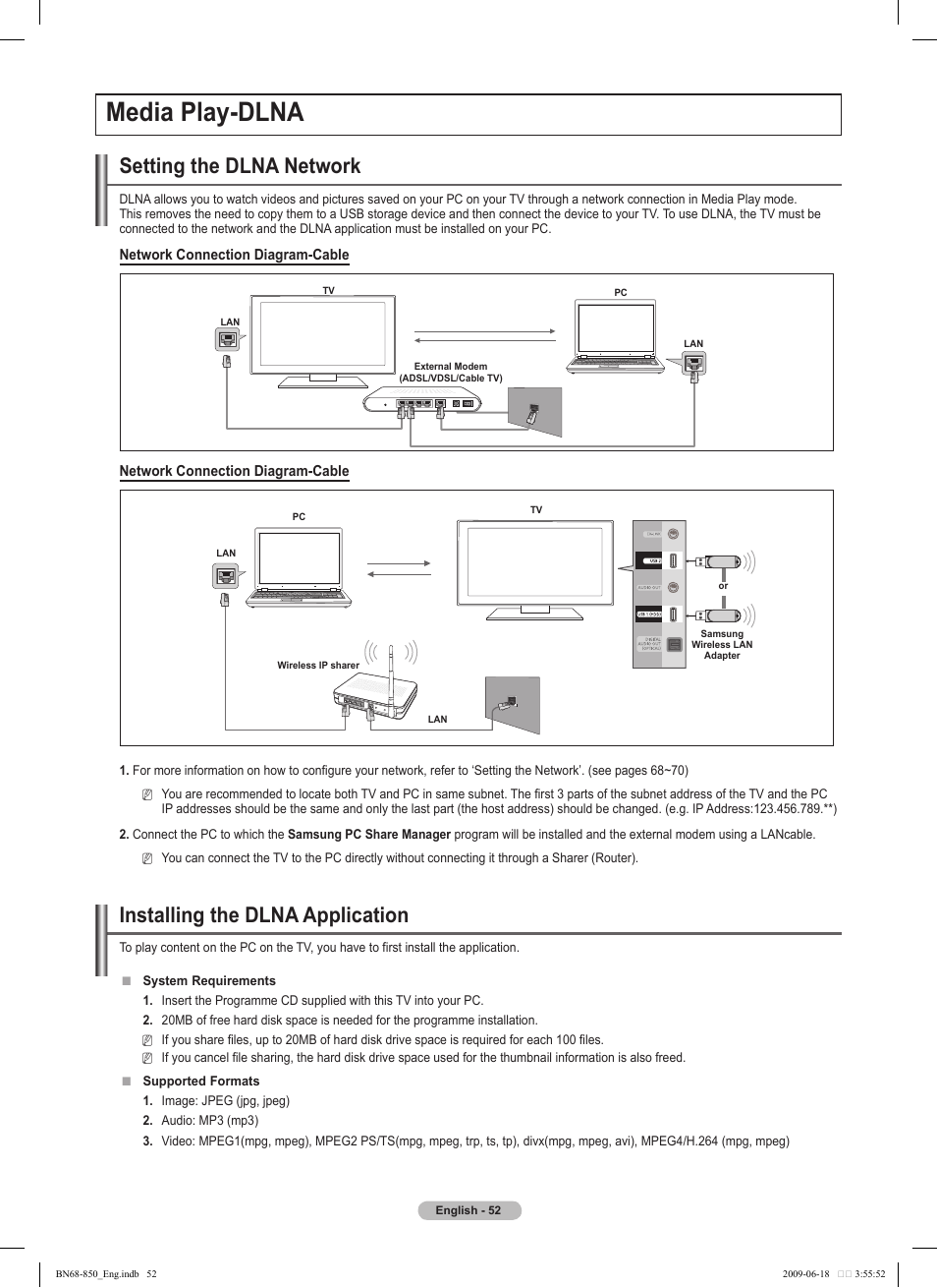 Media play-dlna, Setting the dlna network, Installing the dlna application | Samsung PN50B860Y2FXZA User Manual | Page 52 / 284