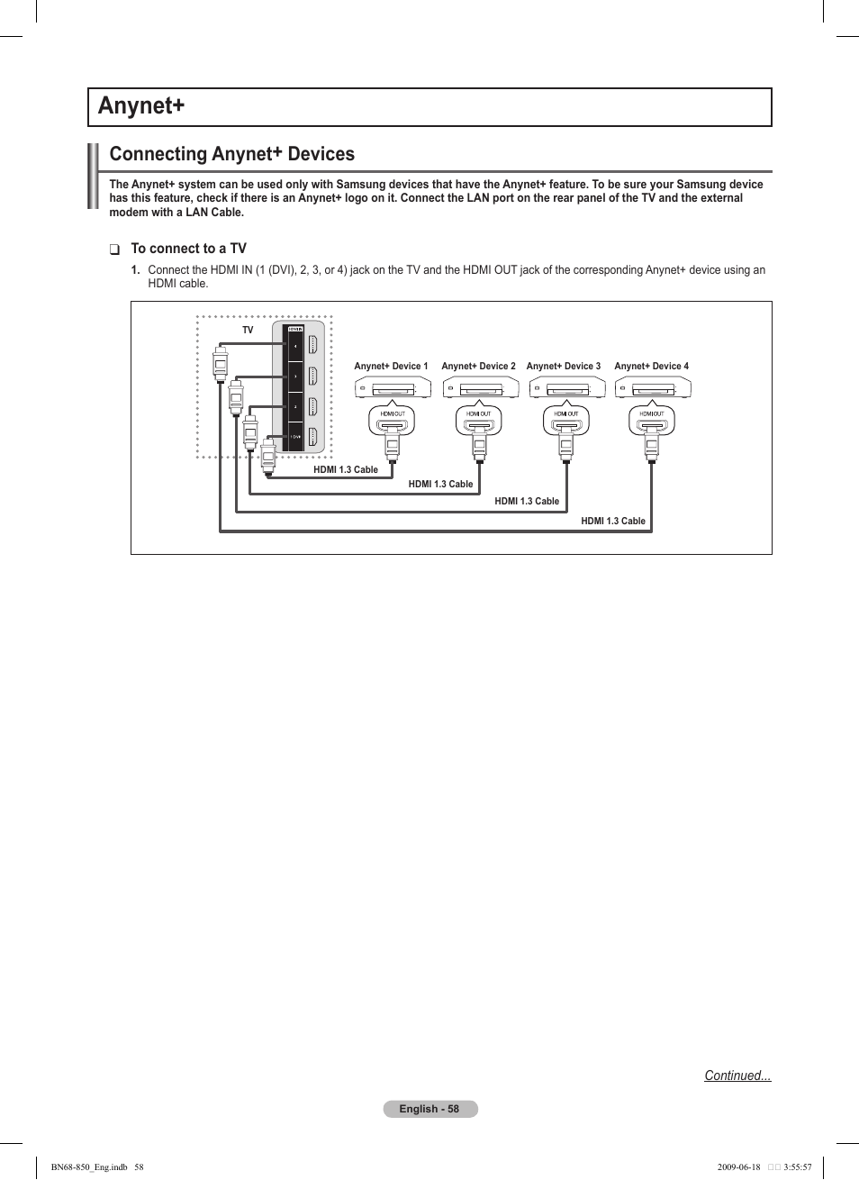 Anynet, Connecting anynet+ devices | Samsung PN50B860Y2FXZA User Manual | Page 58 / 284