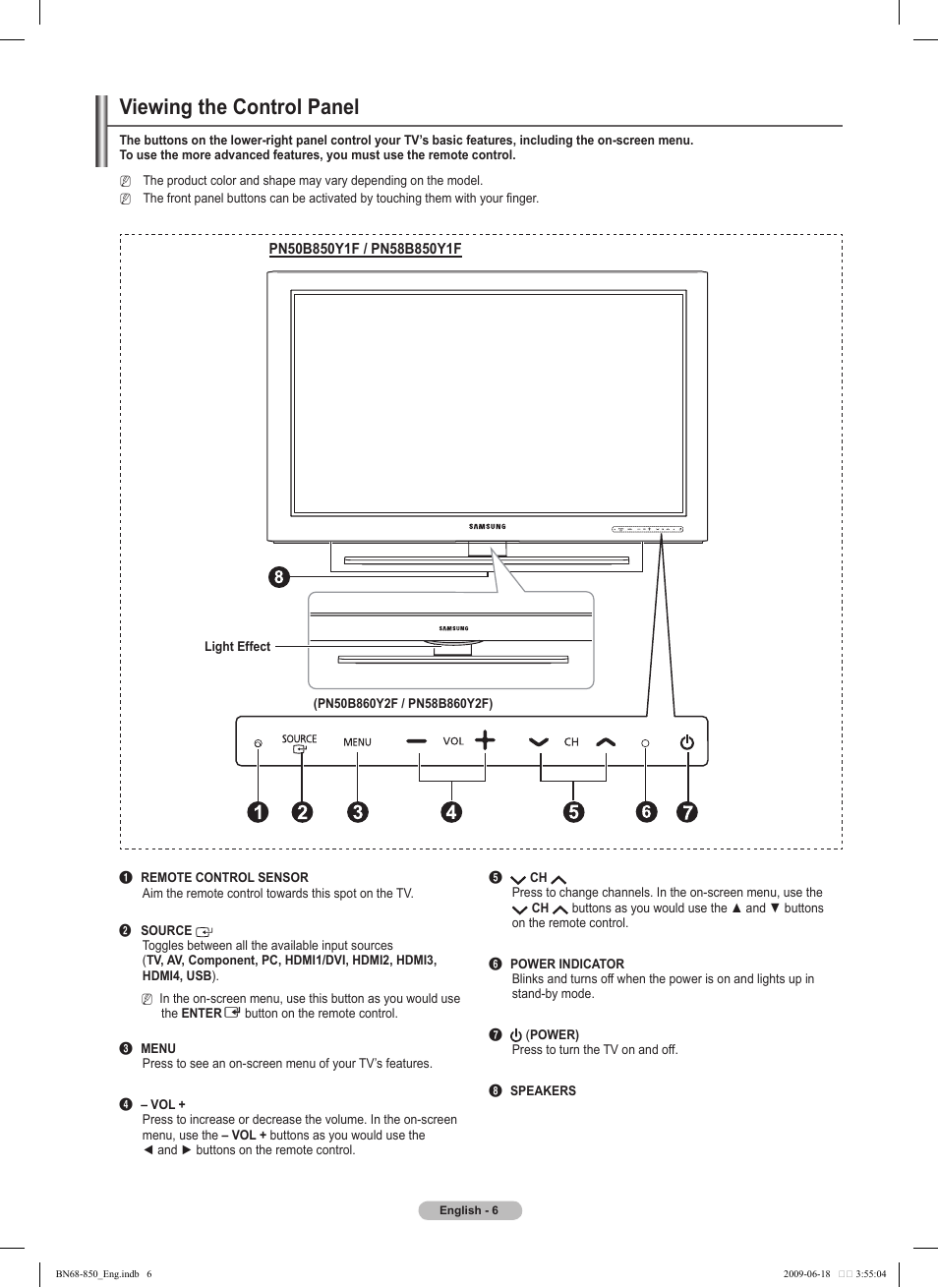 Viewing the control panel | Samsung PN50B860Y2FXZA User Manual | Page 6 / 284