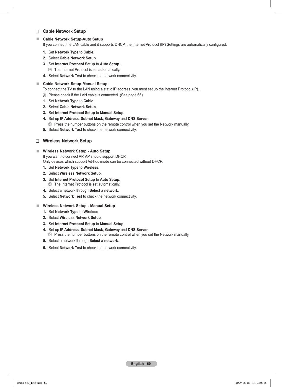 Cable network setup, Wireless network setup | Samsung PN50B860Y2FXZA User Manual | Page 69 / 284