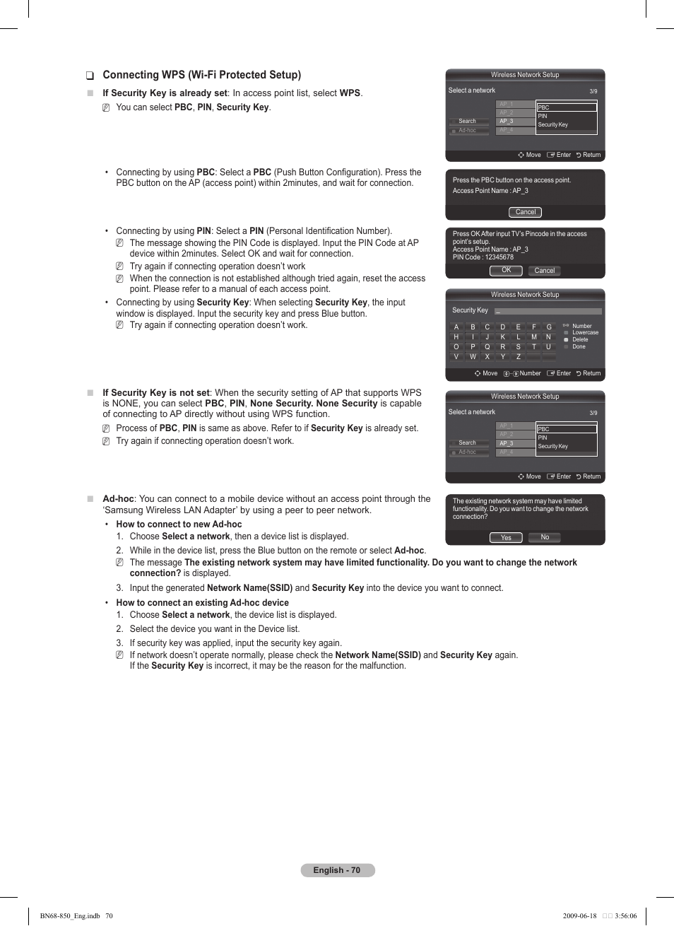 Connecting wps (wi-fi protected setup) | Samsung PN50B860Y2FXZA User Manual | Page 70 / 284