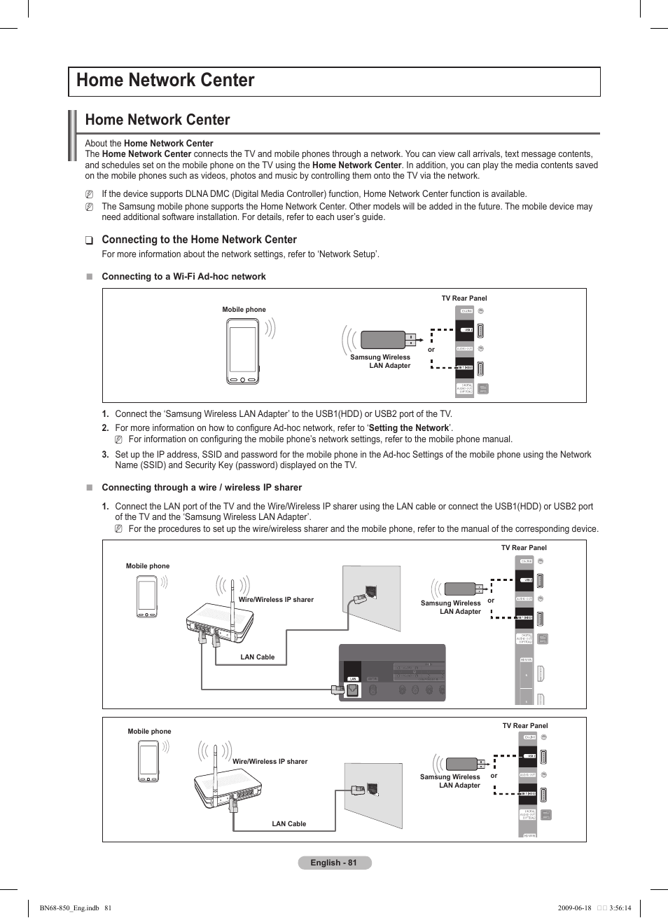 Home network center, Connecting to the home network center | Samsung PN50B860Y2FXZA User Manual | Page 81 / 284
