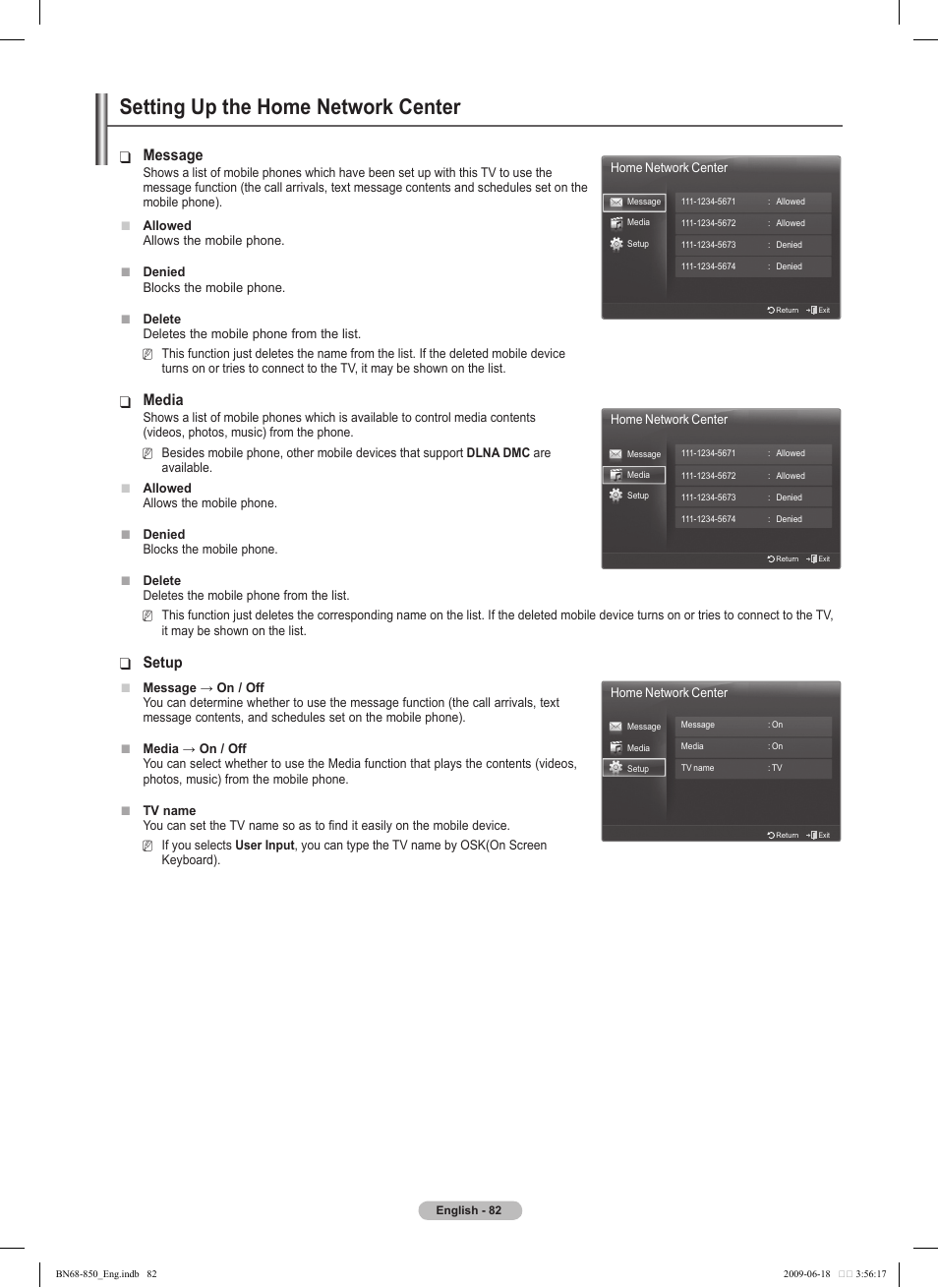Setting up the home network center, Message, Media | Setup | Samsung PN50B860Y2FXZA User Manual | Page 82 / 284