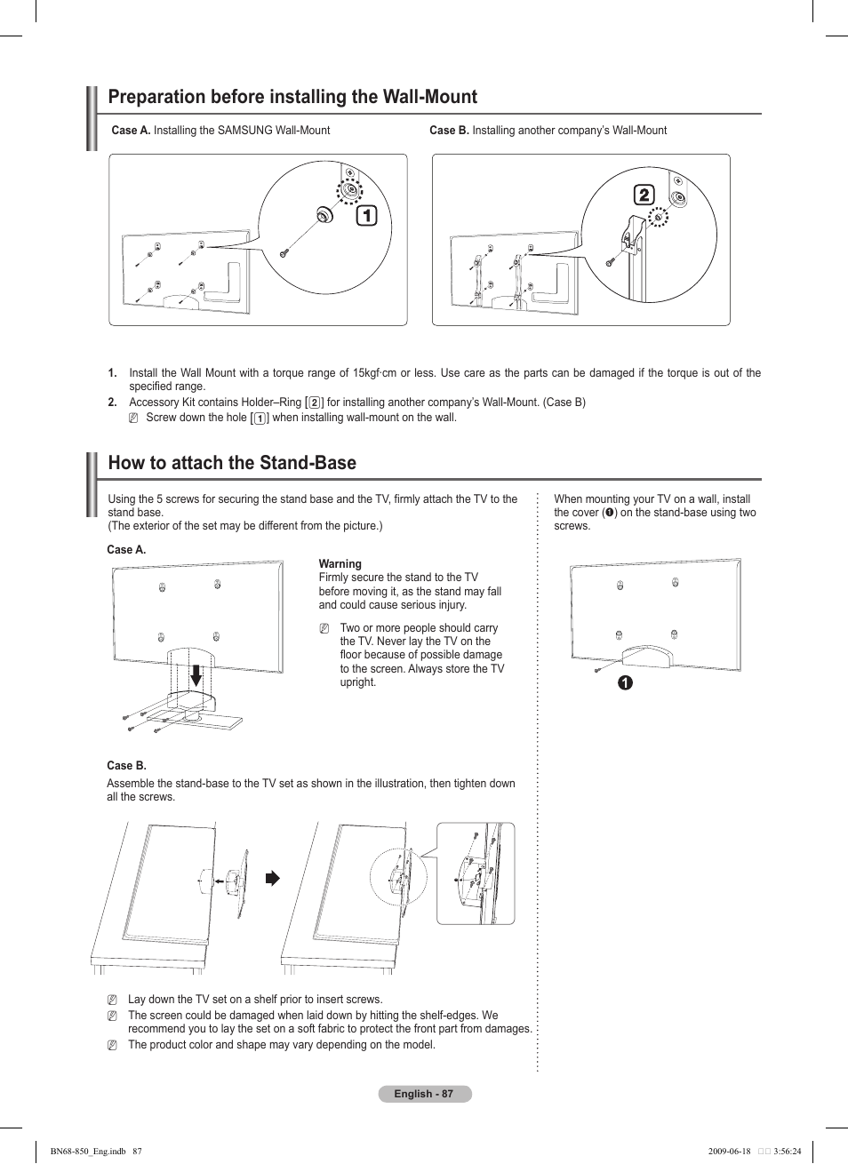 Preparation before installing the wall-mount, How to attach the stand-base | Samsung PN50B860Y2FXZA User Manual | Page 87 / 284