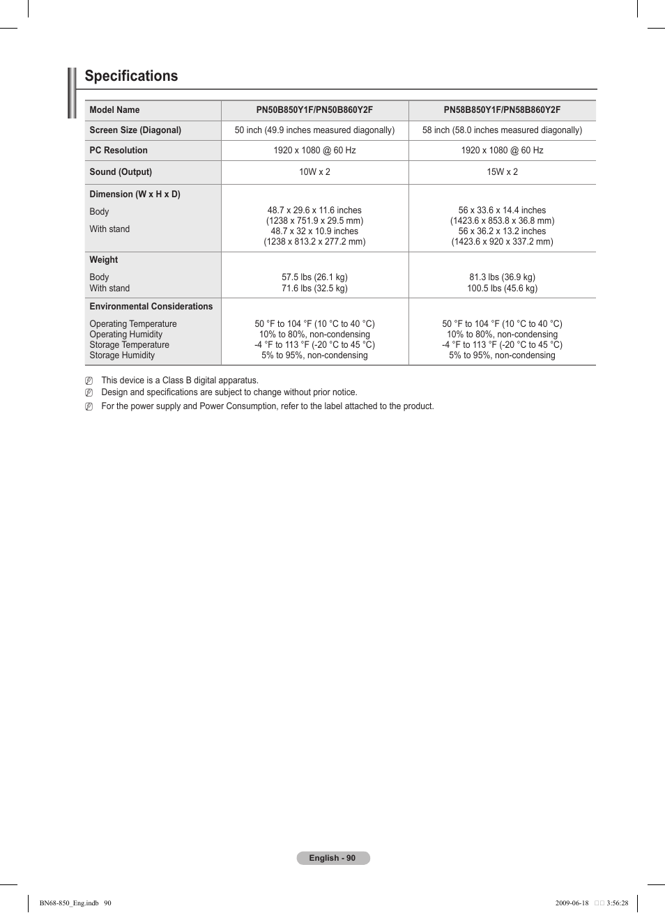 Specifications | Samsung PN50B860Y2FXZA User Manual | Page 90 / 284
