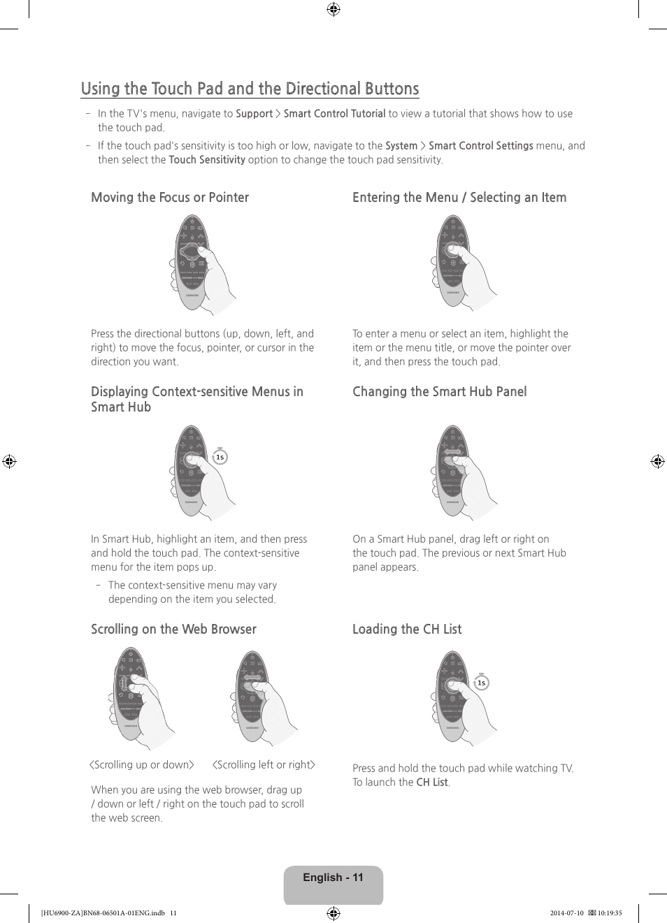 Using the touch pad and the directional buttons | Samsung UN50HU6950FXZA User Manual | Page 11 / 40