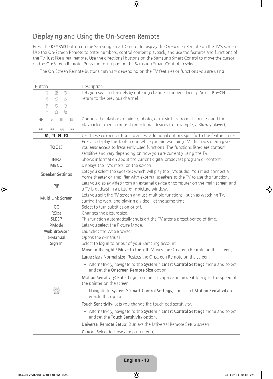 Displaying and using the on-screen remote | Samsung UN50HU6950FXZA User Manual | Page 13 / 40