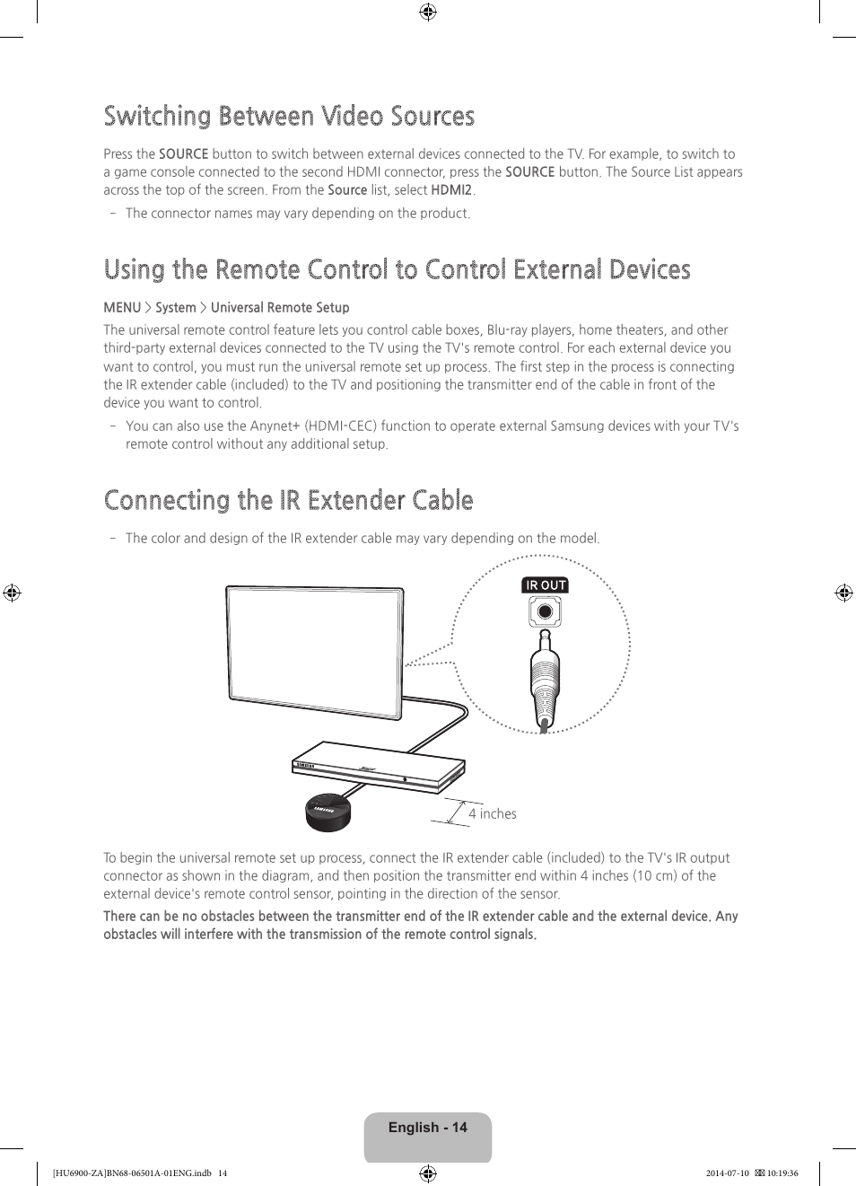 Switching between video sources, Connecting the ir extender cable | Samsung UN50HU6950FXZA User Manual | Page 14 / 40