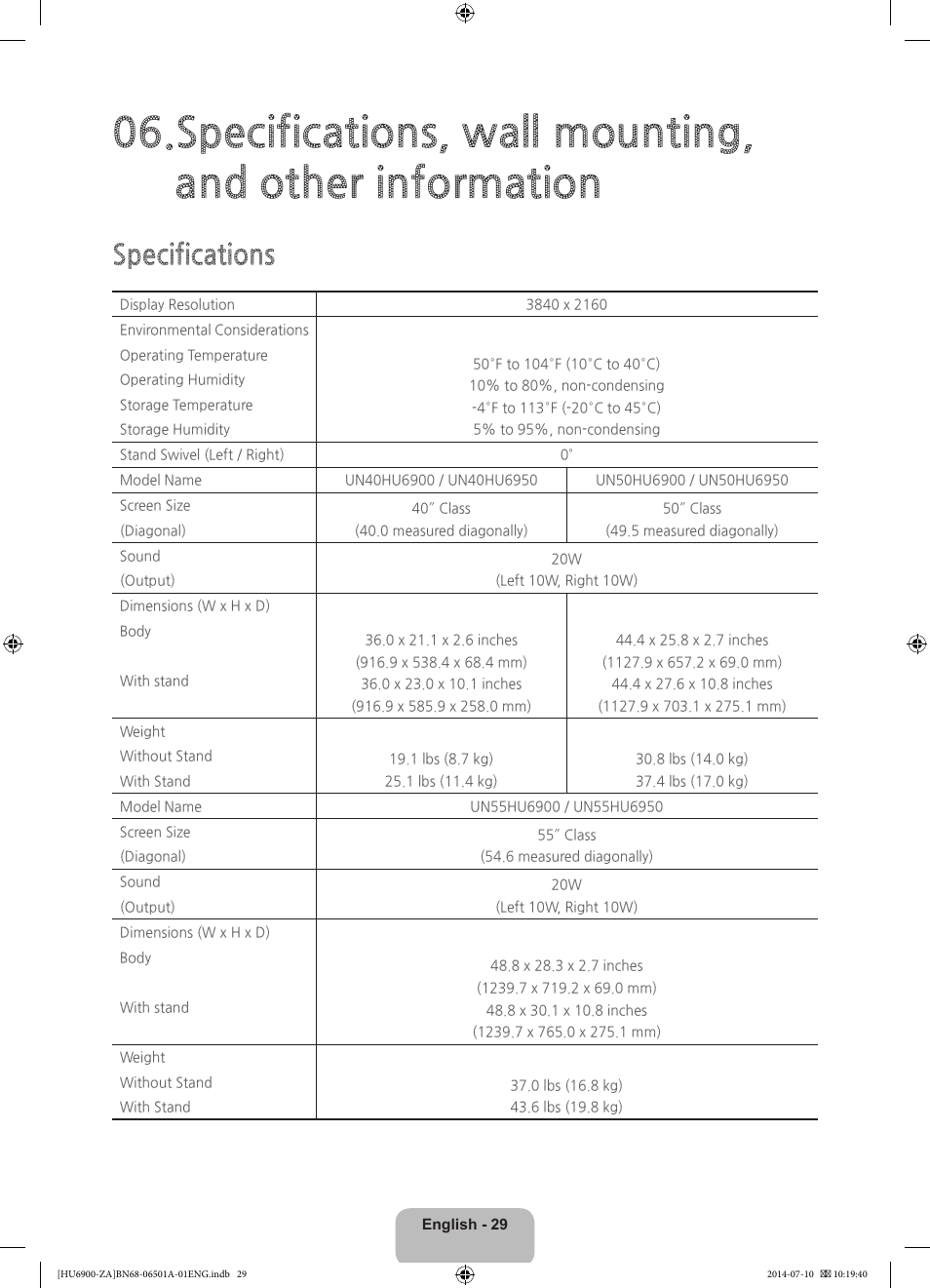 Specifications | Samsung UN50HU6950FXZA User Manual | Page 29 / 40