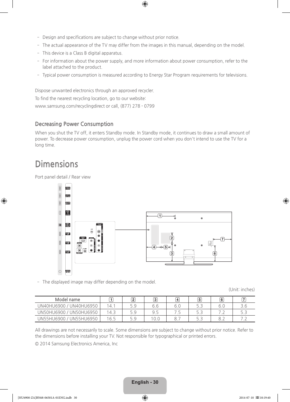 Dimensions, Decreasing power consumption | Samsung UN50HU6950FXZA User Manual | Page 30 / 40