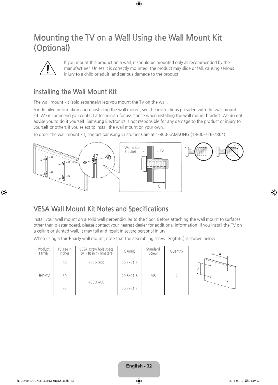 Installing the wall mount kit | Samsung UN50HU6950FXZA User Manual | Page 32 / 40