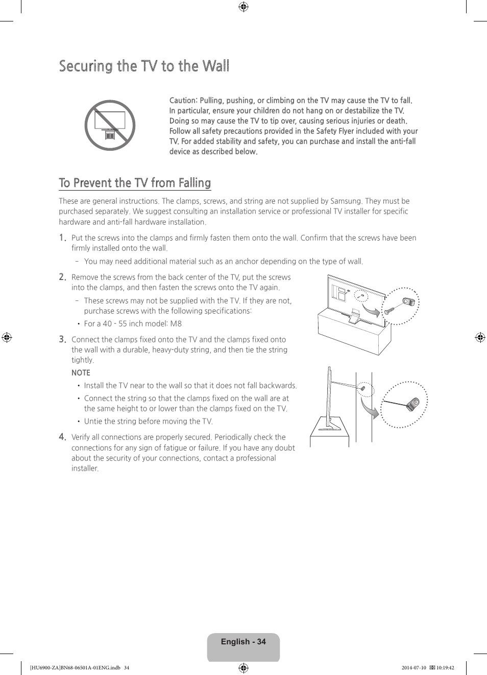 Securing the tv to the wall | Samsung UN50HU6950FXZA User Manual | Page 34 / 40