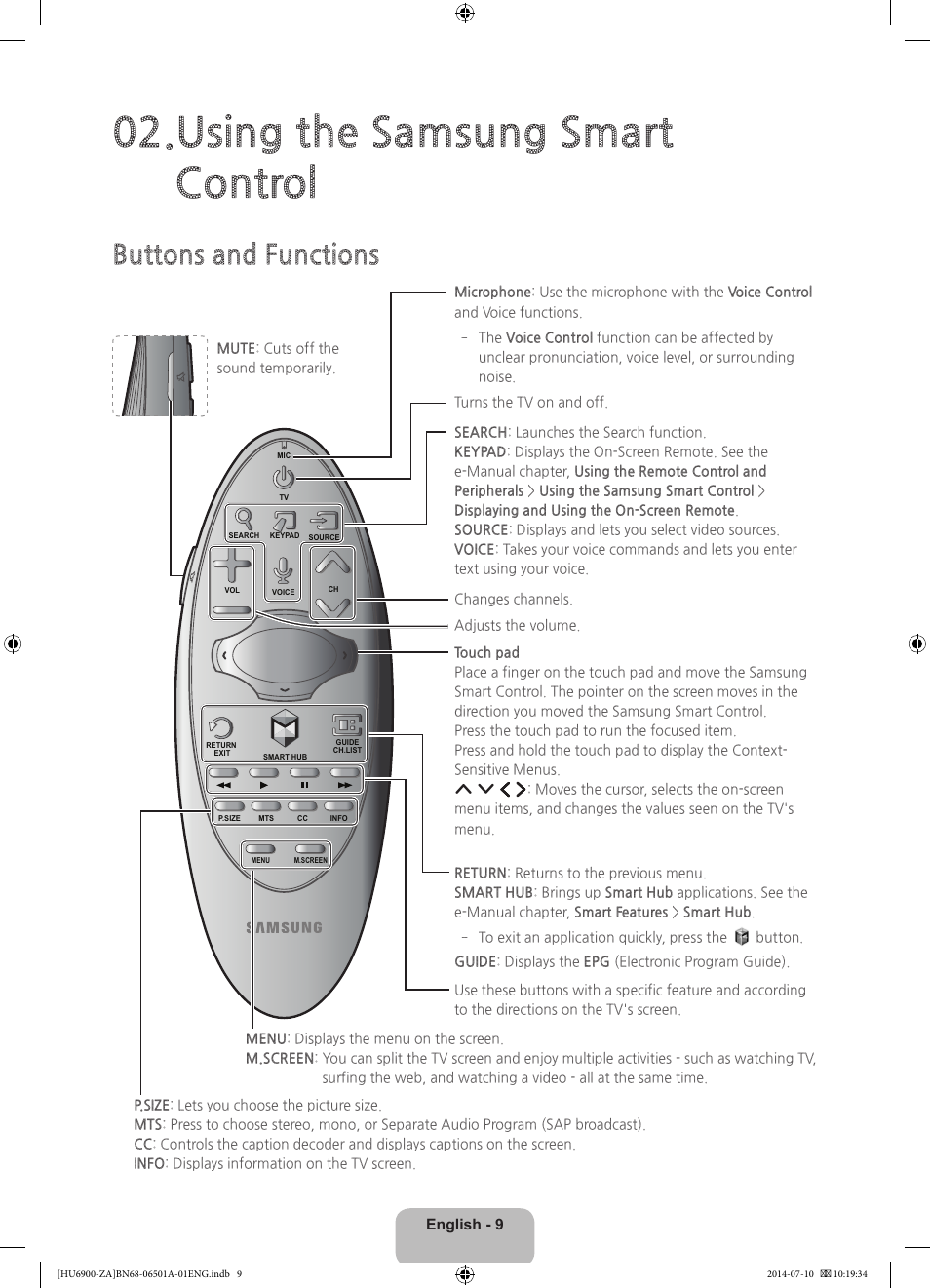 Using the samsung smart control, Buttons and functions, English - 9 | Samsung UN50HU6950FXZA User Manual | Page 9 / 40