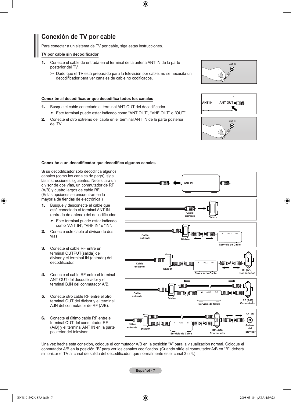 Conexión de tv por cable | Samsung LN46A580P6FXZA User Manual | Page 110 / 196