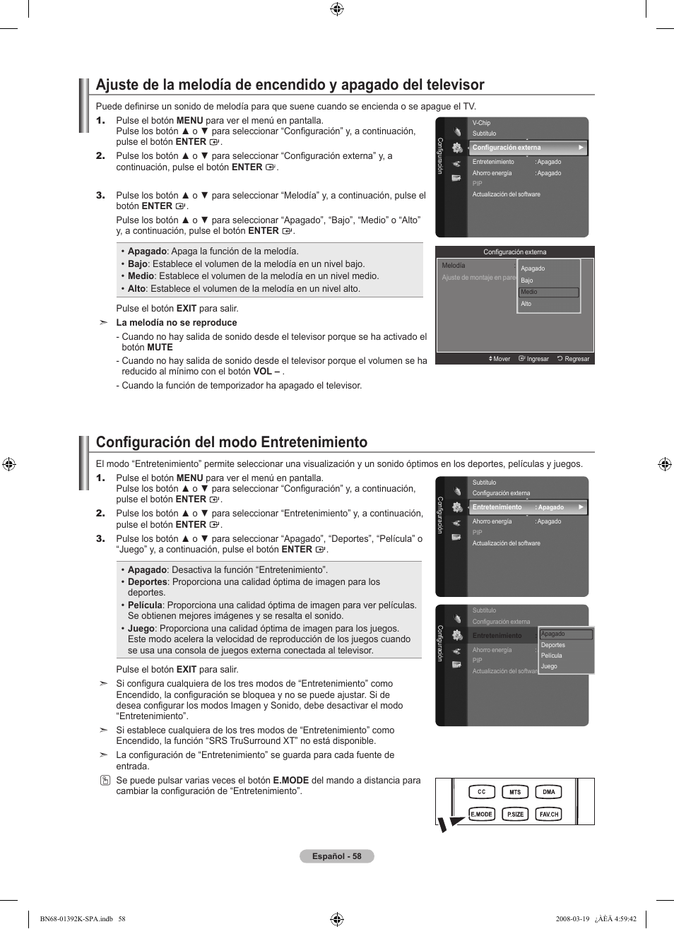 Configuración del modo entretenimiento | Samsung LN46A580P6FXZA User Manual | Page 161 / 196