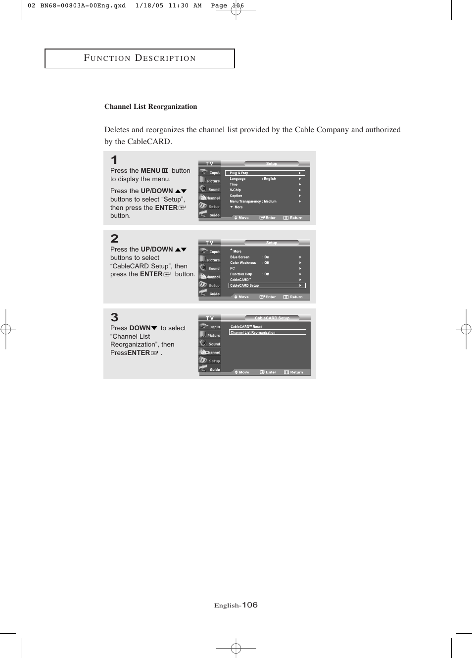 Channel list reorganization | Samsung LNR408DX-XAA User Manual | Page 112 / 120