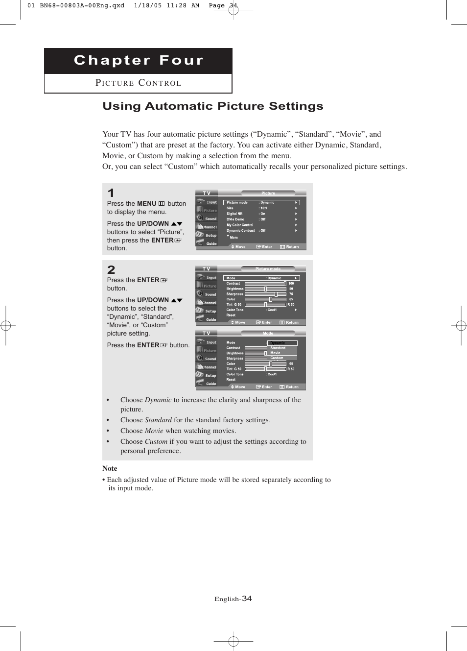 Chapter 4: picture control, Using automatic picture settings | Samsung LNR408DX-XAA User Manual | Page 40 / 120