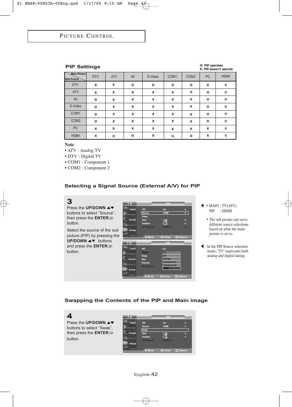 Selecting a signal source (external a/v) for pip, Swapping the contents of the pip and main image | Samsung LNR408DX-XAA User Manual | Page 48 / 120