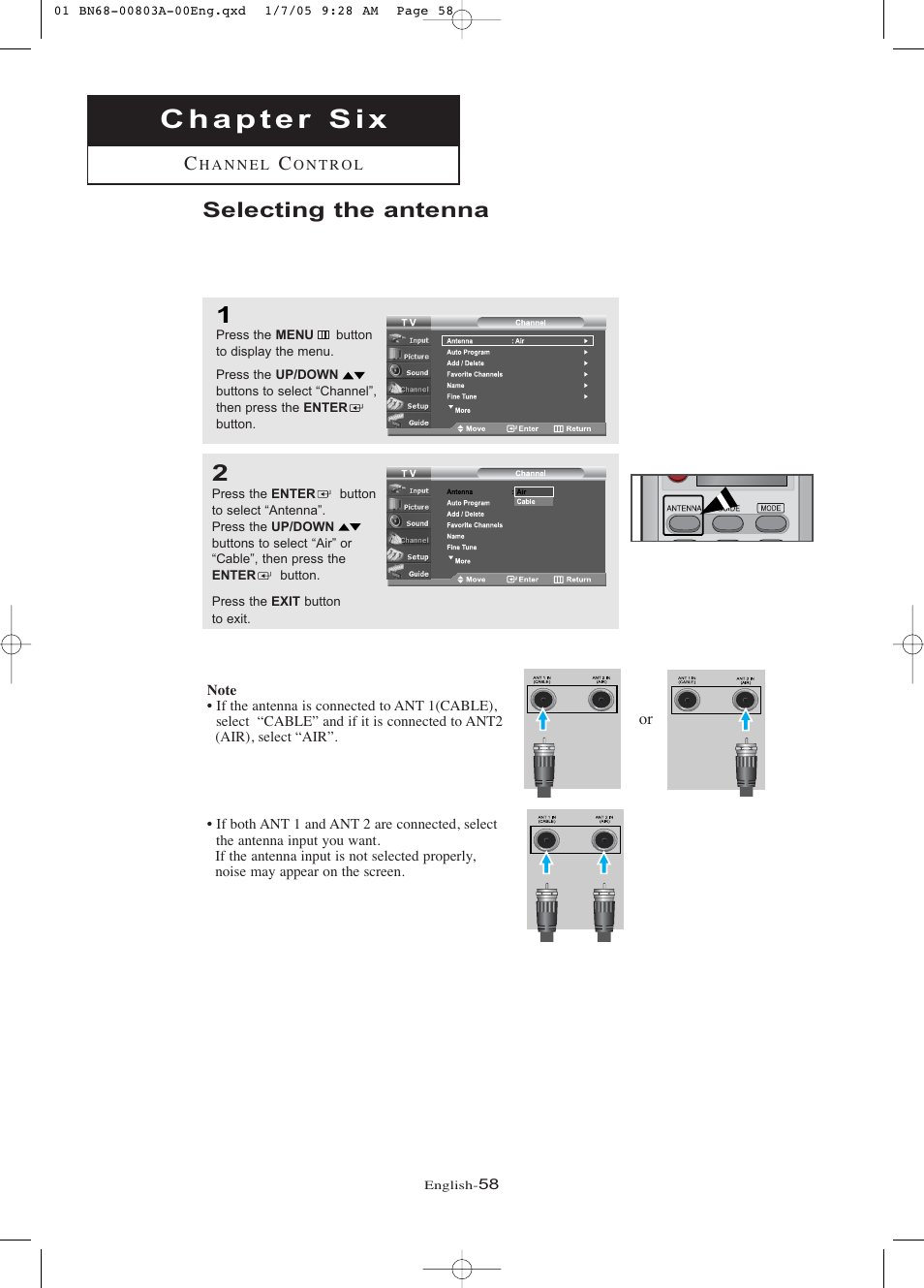 Chapter 6: channel control, Selecting the antenna | Samsung LNR408DX-XAA User Manual | Page 64 / 120