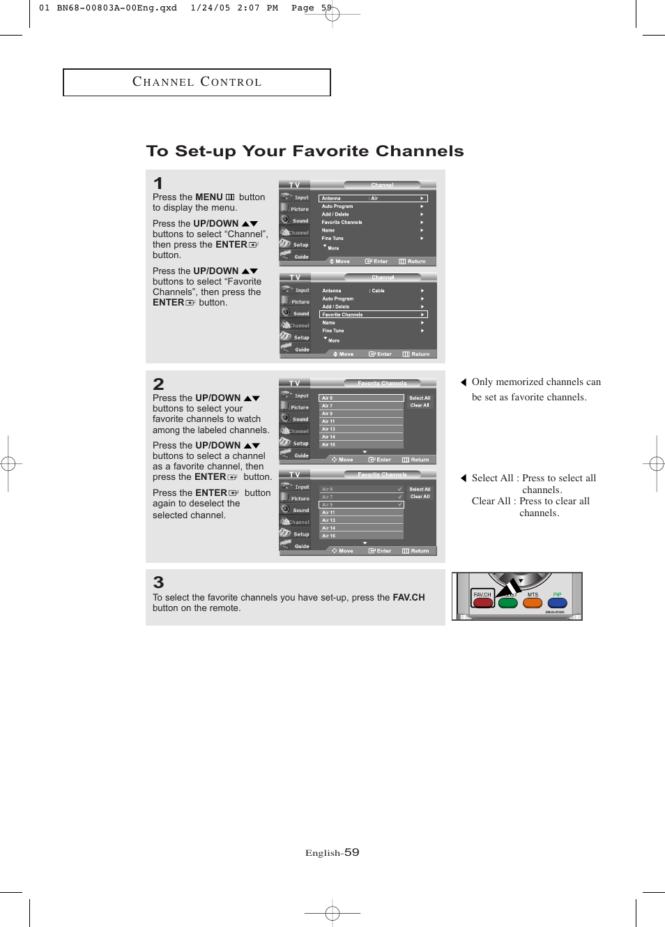 To set-up your favorite channels | Samsung LNR408DX-XAA User Manual | Page 65 / 120