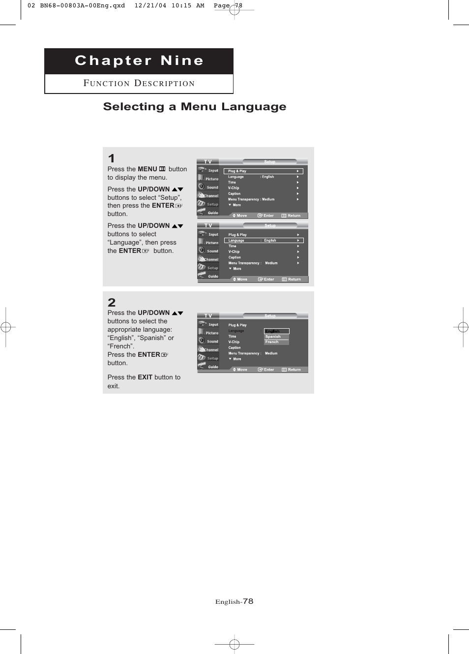 Chapter 9: function description, Selecting a menu language | Samsung LNR408DX-XAA User Manual | Page 84 / 120