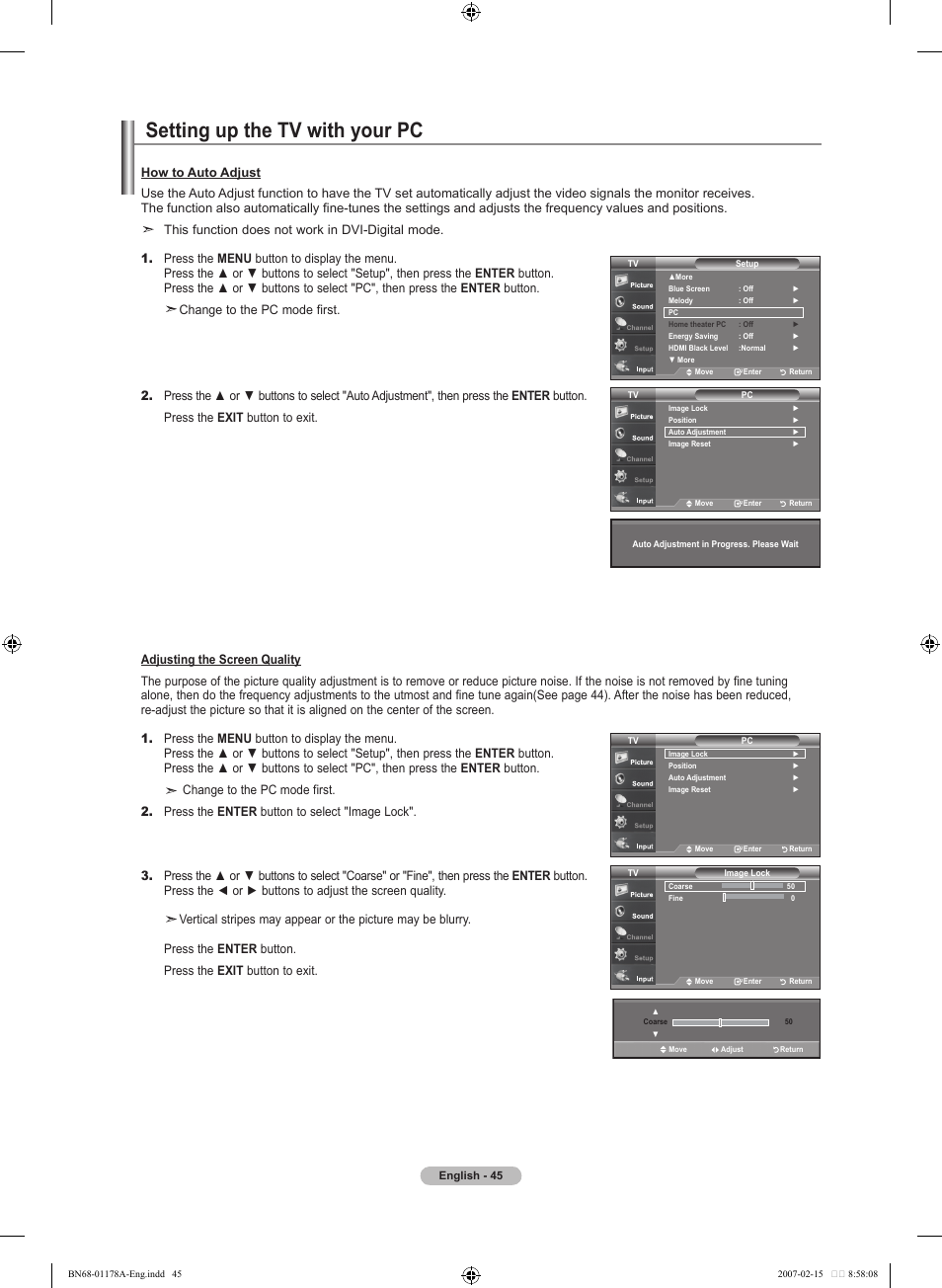 Setting up the tv with your pc, This function does not work in dvi-digital mode | Samsung LNT4665FX-XAA User Manual | Page 47 / 178