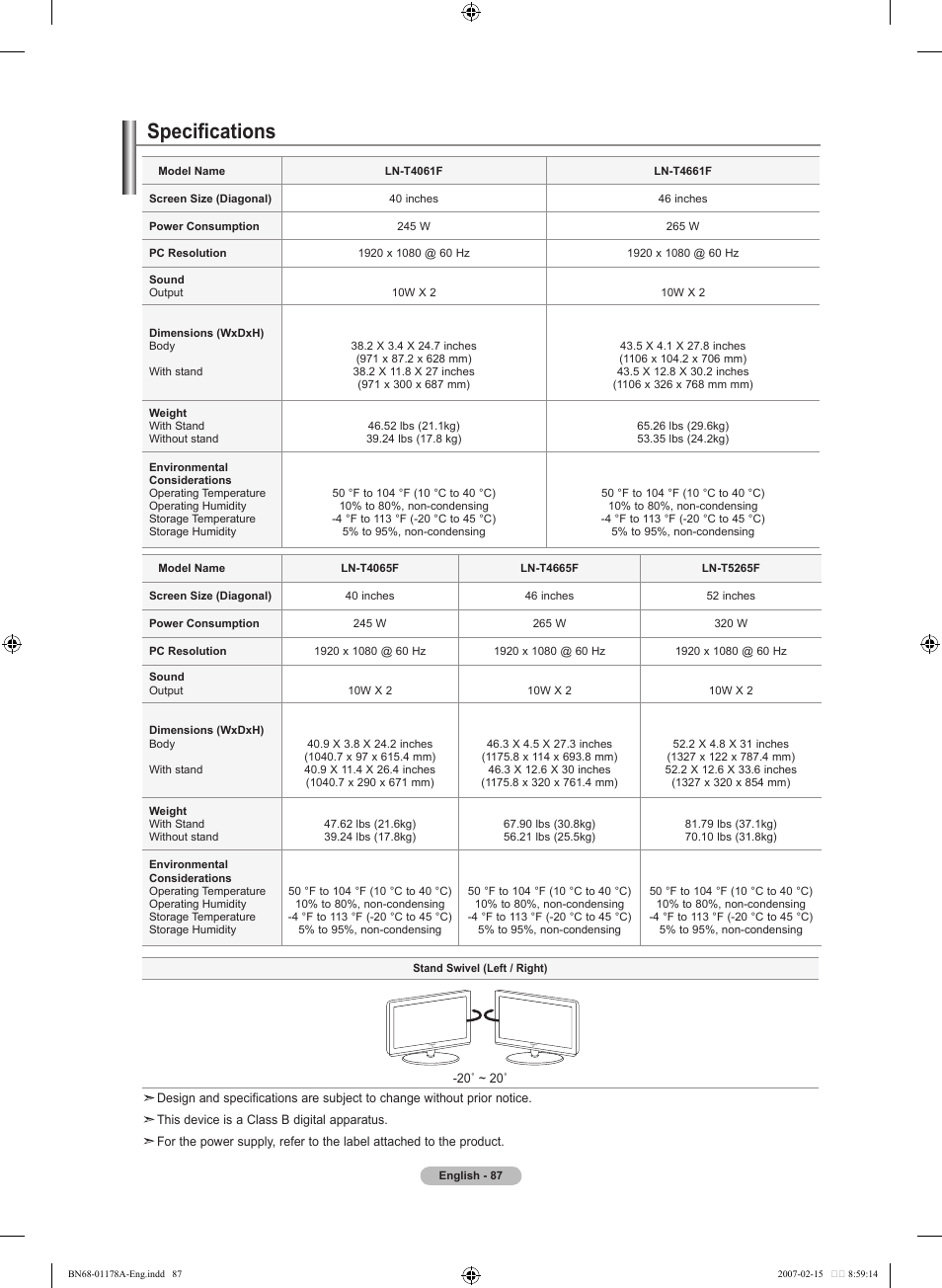 Specifications | Samsung LNT4665FX-XAA User Manual | Page 89 / 178