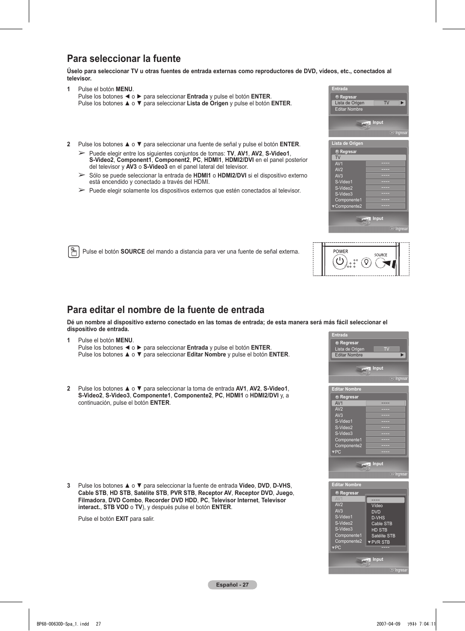 Para seleccionar la fuente, Para editar el nombre de la fuente de entrada | Samsung HLT6756WX-XAA User Manual | Page 102 / 144