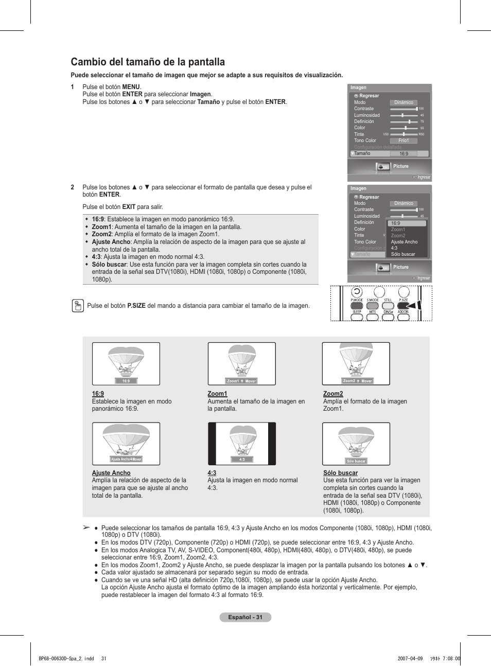 Cambio del tamaño de la pantalla | Samsung HLT6756WX-XAA User Manual | Page 106 / 144