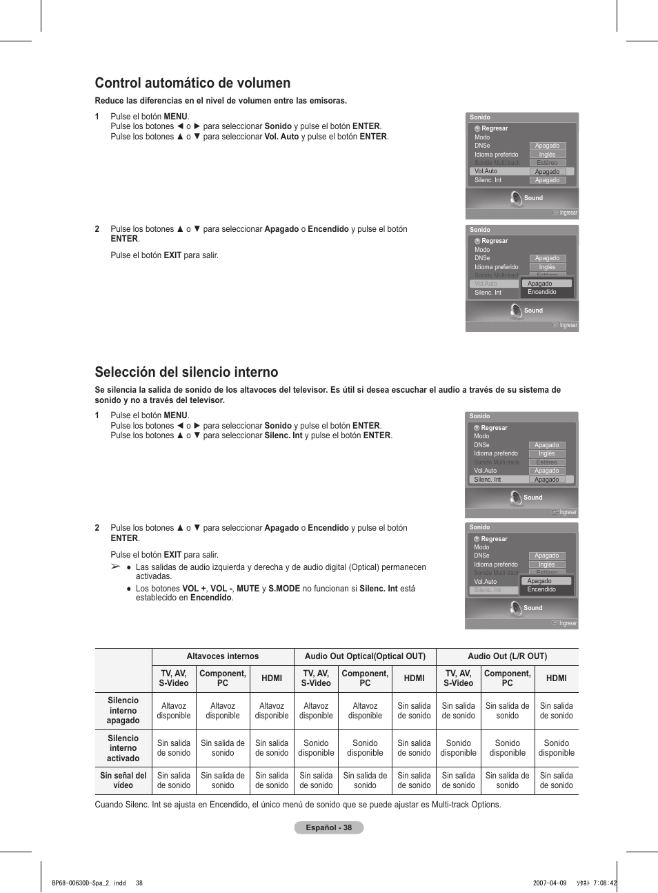 Control automático de volumen, Selección del silencio interno | Samsung HLT6756WX-XAA User Manual | Page 113 / 144