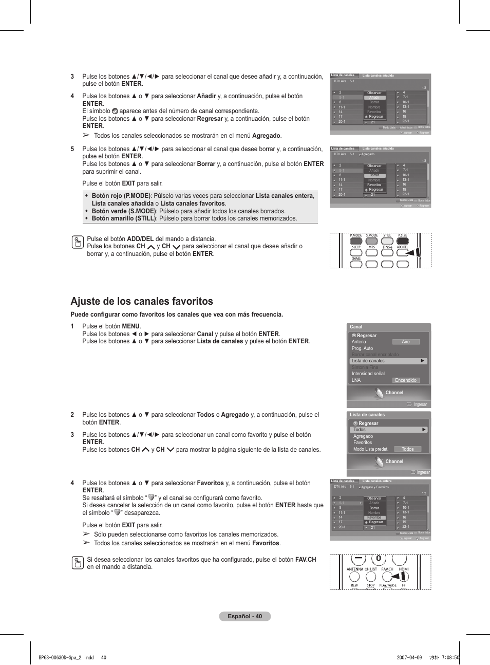 Ajuste de los canales favoritos | Samsung HLT6756WX-XAA User Manual | Page 115 / 144