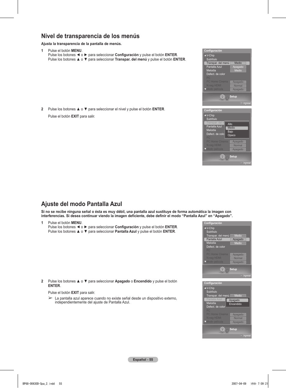 Nivel de transparencia de los menús, Ajuste del modo pantalla azul | Samsung HLT6756WX-XAA User Manual | Page 130 / 144