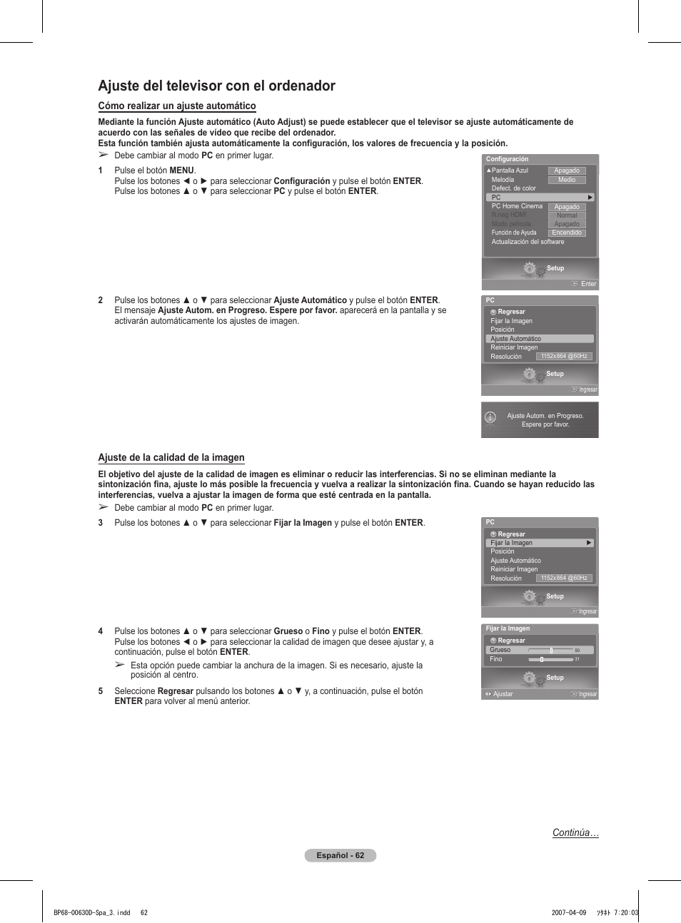 Ajuste del televisor con el ordenador, Cómo realizar un ajuste automático, Ajuste de la calidad de la imagen | Continúa | Samsung HLT6756WX-XAA User Manual | Page 137 / 144
