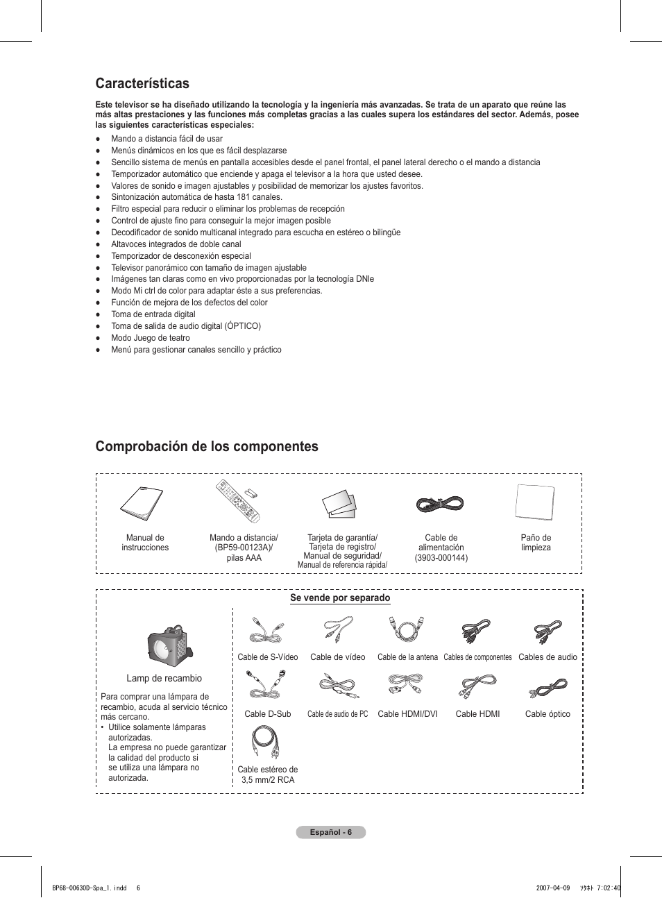 Comprobación de los componentes, Características | Samsung HLT6756WX-XAA User Manual | Page 81 / 144