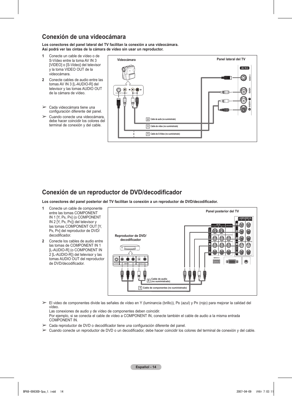 Conexión de una videocámara, Conexión de un reproductor de dvd/decodificador | Samsung HLT6756WX-XAA User Manual | Page 89 / 144
