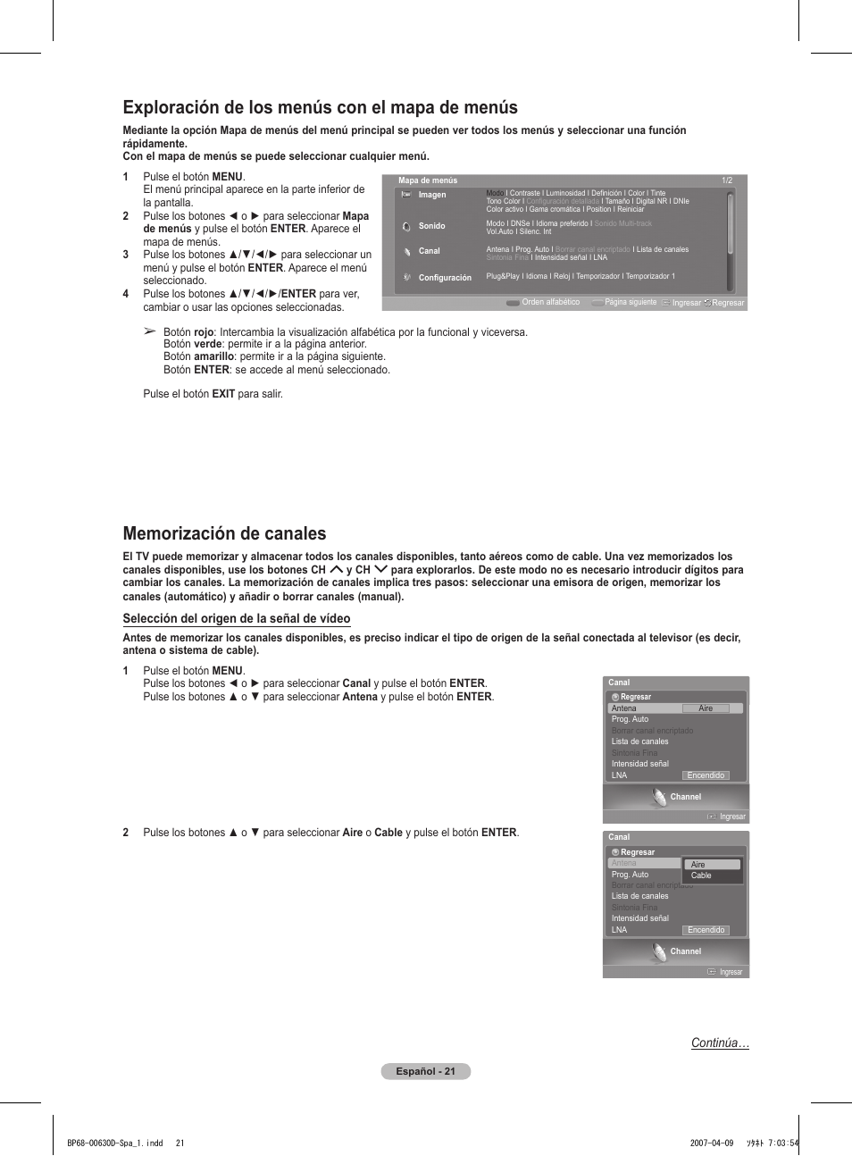 Exploración de los menús con el mapa de menús, Selección del origen de la señal de vídeo, Continúa | Samsung HLT6756WX-XAA User Manual | Page 96 / 144
