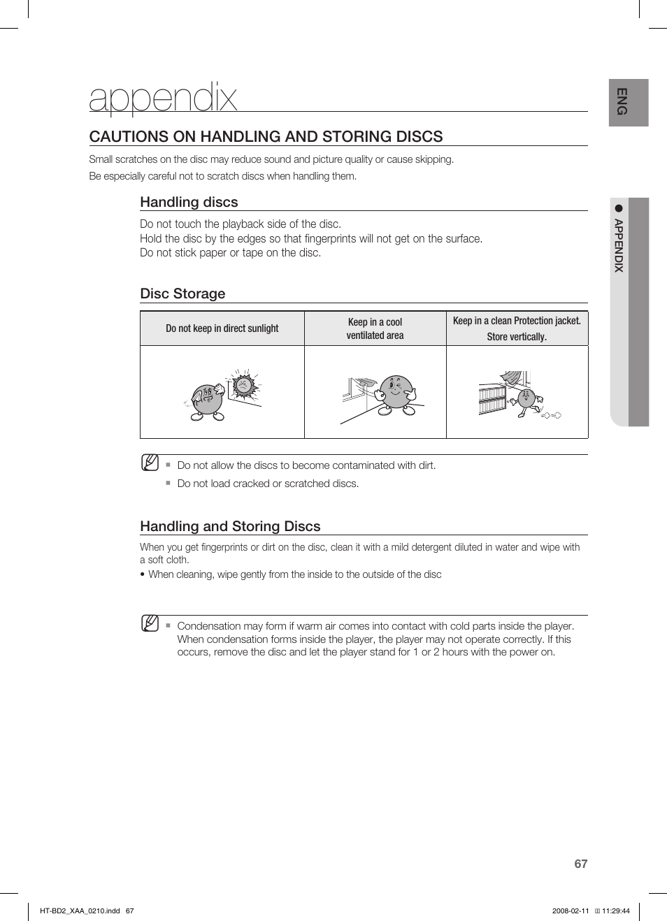 Appendix, Cautions on handling and storing discs | Samsung HT-BD2T-XAA User Manual | Page 68 / 73