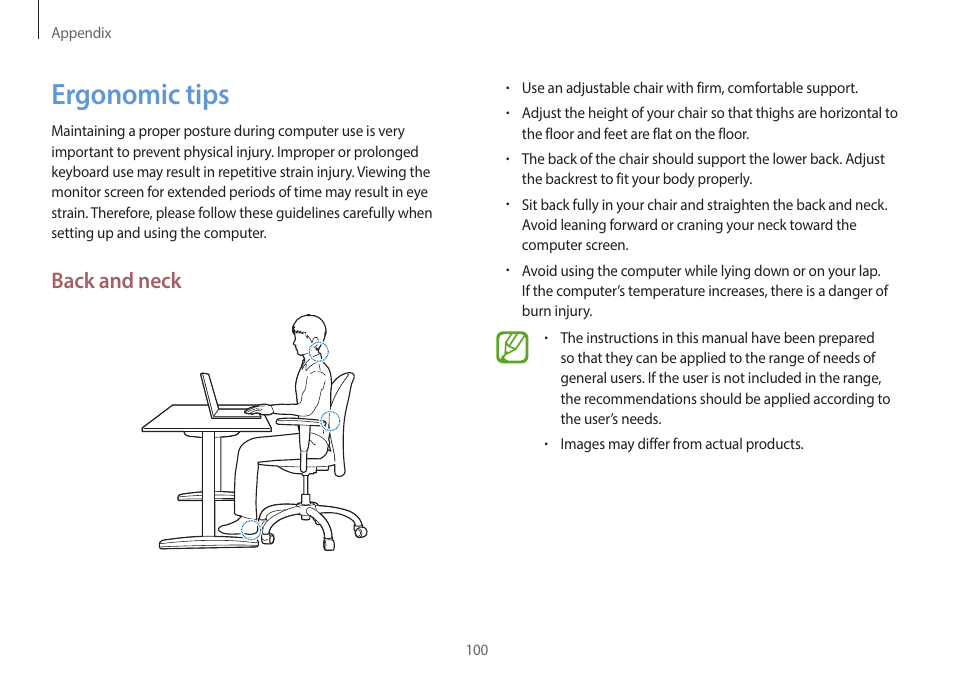 Ergonomic tips, 100 ergonomic tips, Back and neck | Samsung NP940X3G-K03US User Manual | Page 100 / 147