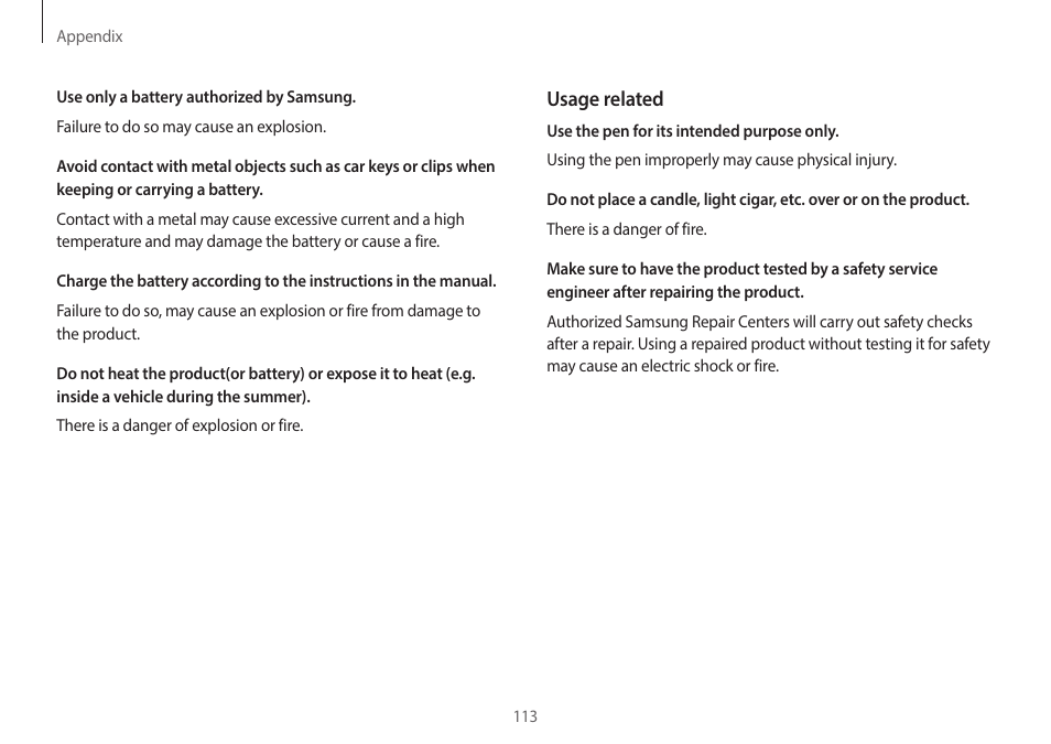 Usage related | Samsung NP940X3G-K03US User Manual | Page 113 / 147